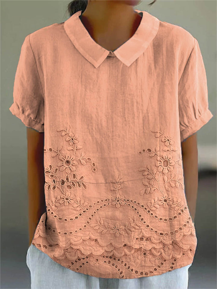 Veda Bremen Lily embroidered floral shirt with colorful flower patterns, long-sleeve button-up blouse, close-up view.