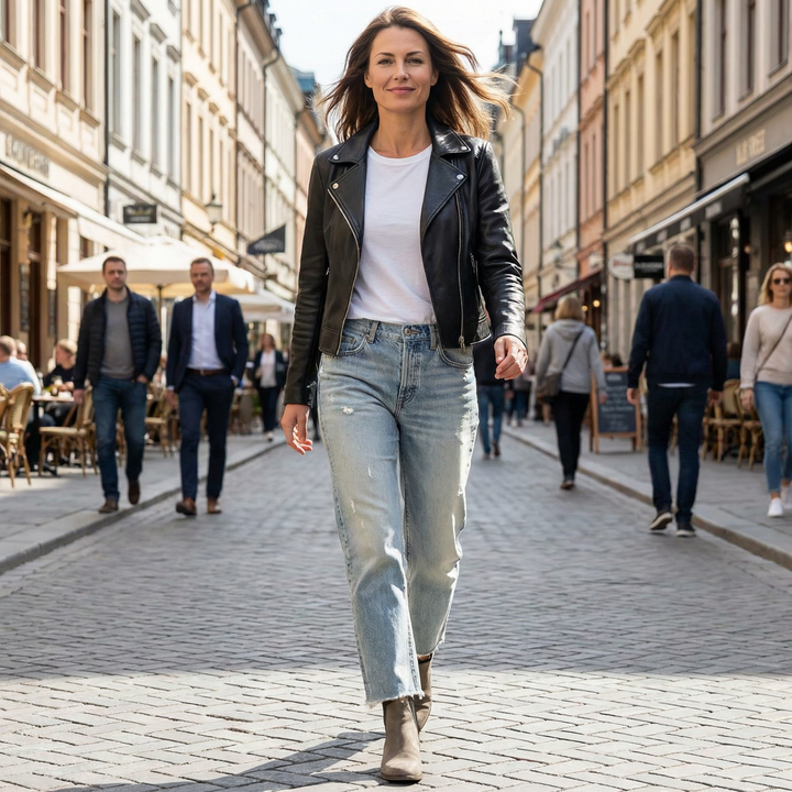 Veda Bremen Zelda premium stretch jeans, short fit, denim fabric, close-up of waistband and front pockets.