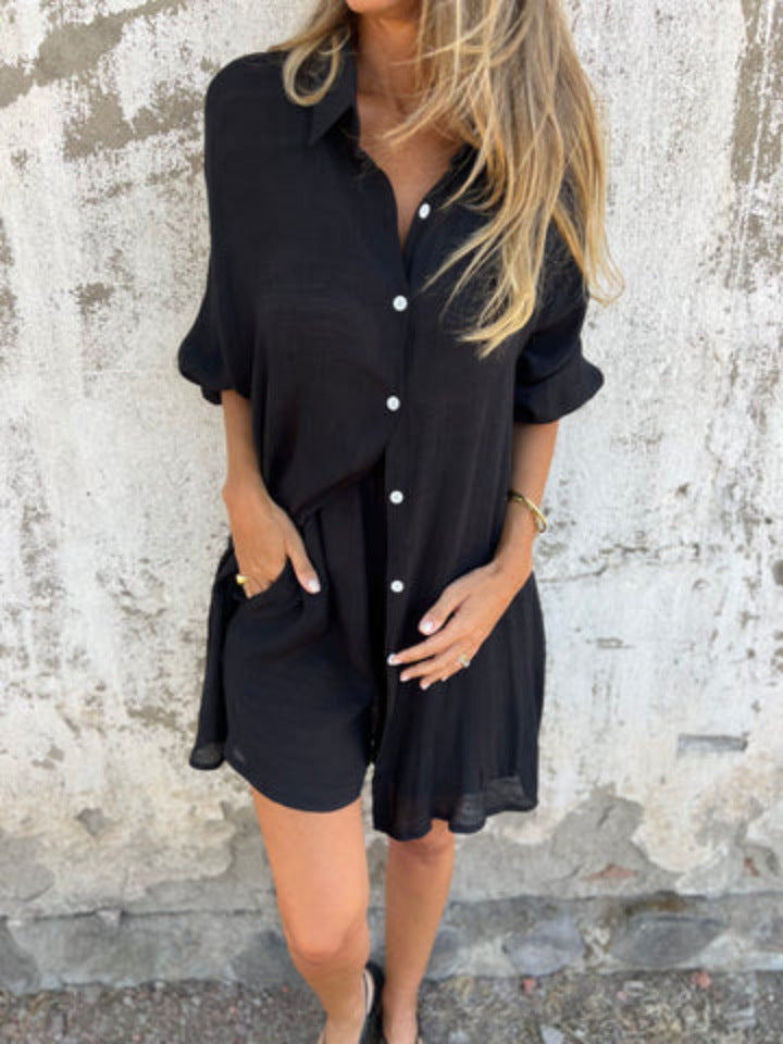 Black Veda Bremen 2-piece set with long-sleeve shirt and shorts, casual and comfortable for everyday wear.