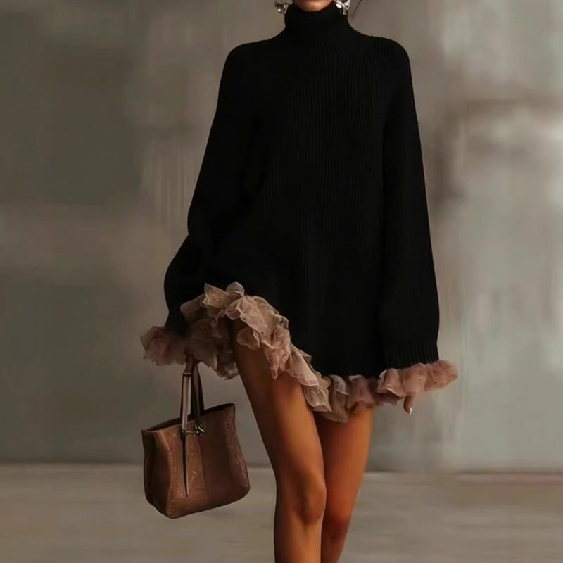 Black Louise knitted turtleneck dress by Lurolondon.co.uk, showing the fitted long-sleeve style and cozy knit fabric.