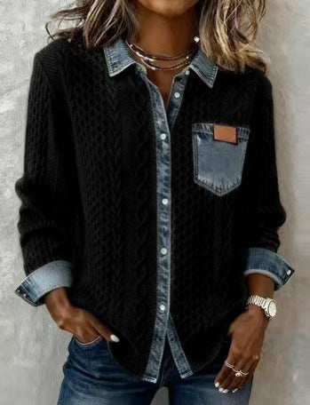 Black Tiffany knit top by LuroLondon, showcasing a fitted, stylish sweater with textured knit pattern and long sleeves.