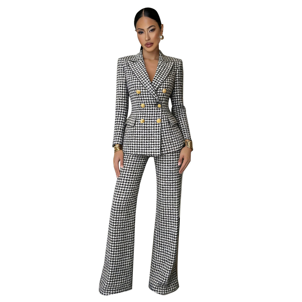 Black plaid Yasmin tailored suit by Lurolondon, featuring a fitted blazer and matching trousers for professional style.