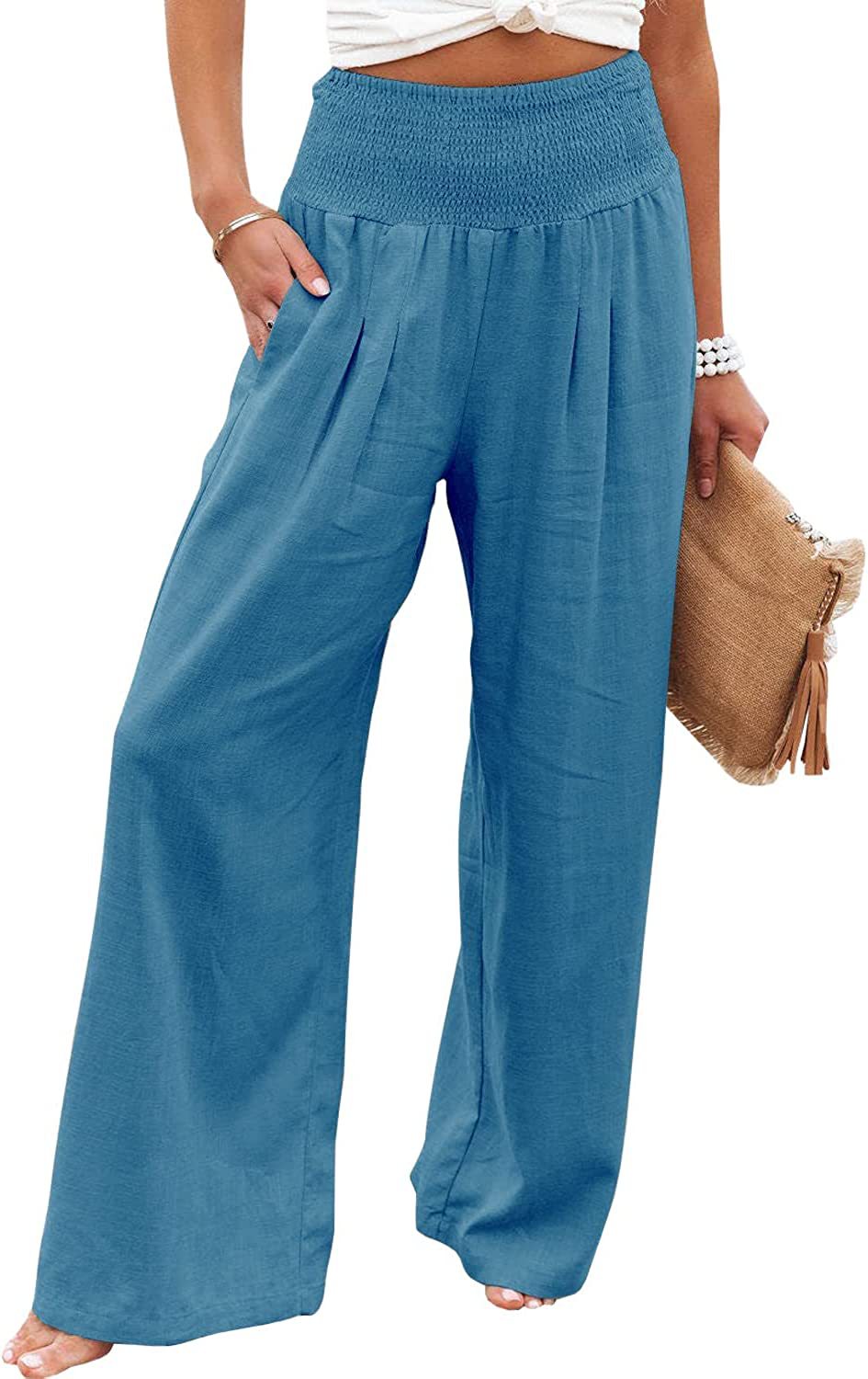 Blue Veda Bremen Romy high-waisted trousers with a tailored fit, shown from the front on a white background.