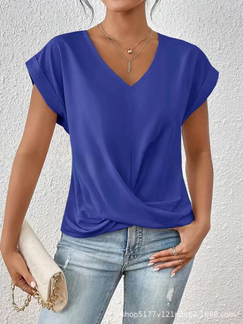 Blue Damen V-Neck T-Shirt by Veda Bremen, soft cotton fabric, displayed on a hanger with a simple background.