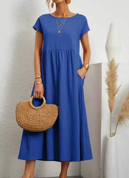 Veda Bremen Gabrielle midikleid in blue with flowing silhouette, elegant midi dress featuring a relaxed, feminine fit and smooth fabric.