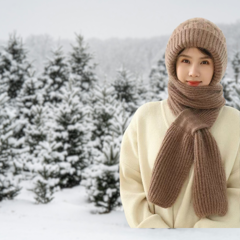 Brown winter hat and scarf combo from Lurolondon.co.uk, featuring cozy knit fabric and stylish design.