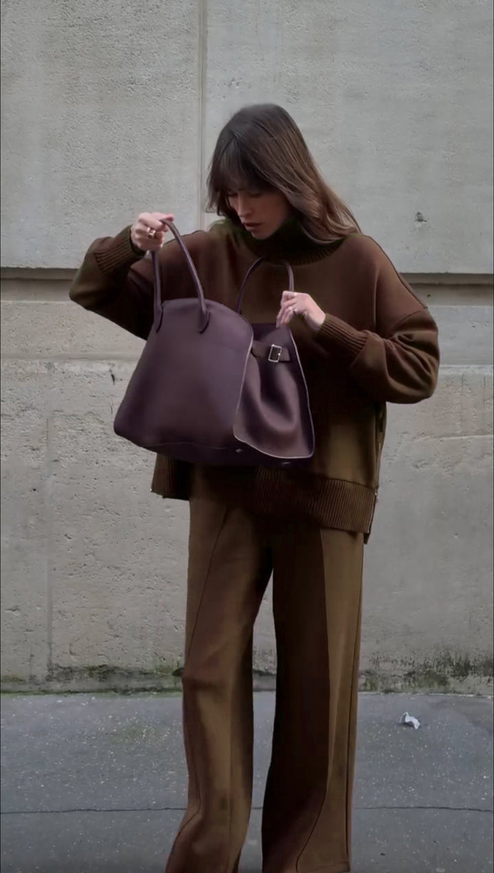 Brown Selena matching loose fit set by Lurolondon, featuring relaxed top and wide-leg pants, styled for casual comfort.
