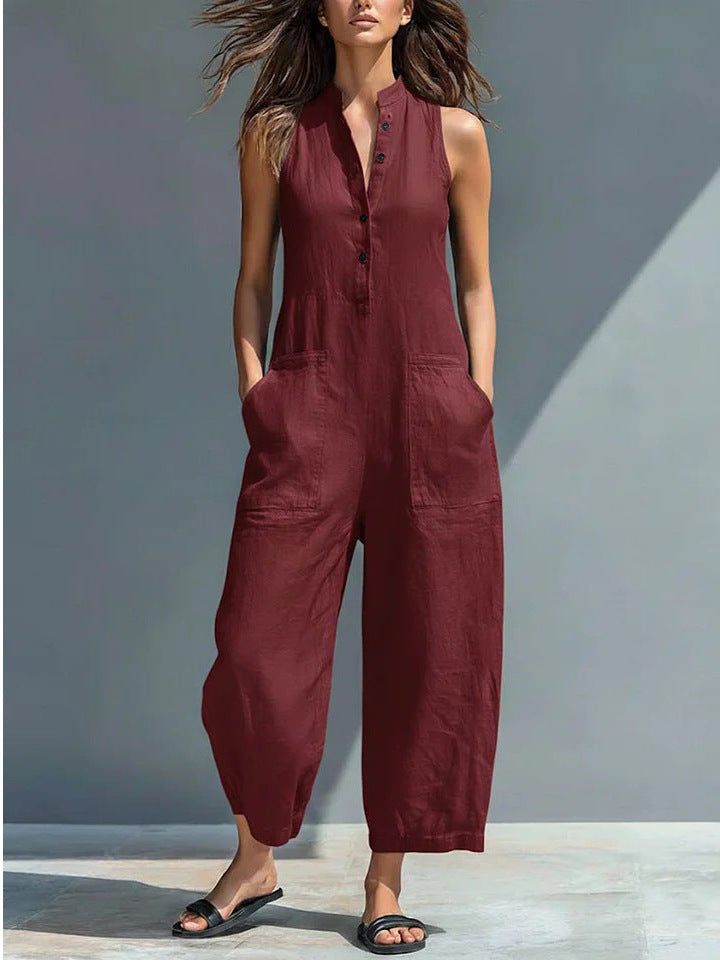Veda Bremen Lotte sleeveless minimalist jumpsuit in brown, featuring a sleek, simple design and comfortable fit.