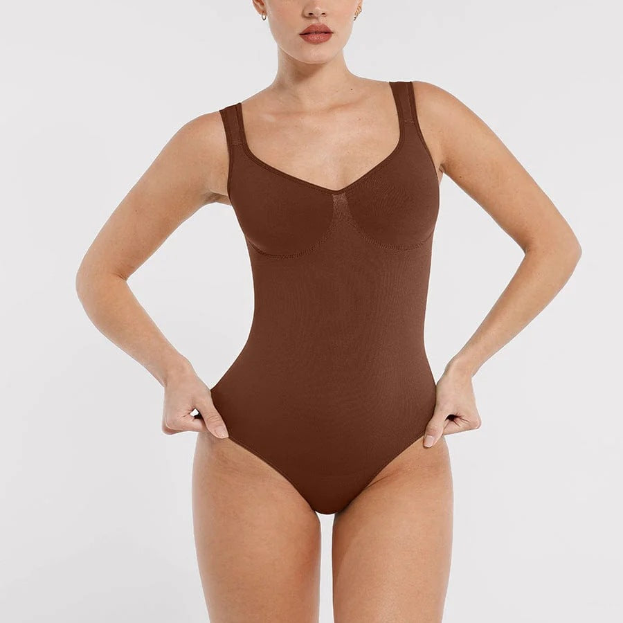 Brown Veda Bremen Formender Tank-Top displayed on a hanger, showcasing its fitted, sleeveless design and soft fabric.