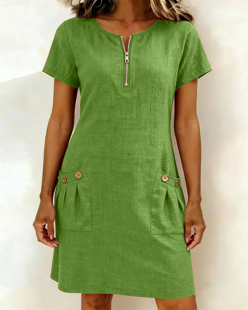 Veda Bremen Dariae A-line linen blend dress flowing with a relaxed fit and soft fabric, perfect for casual summer wear.