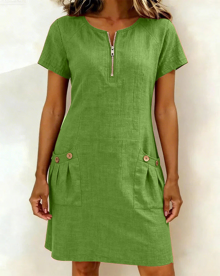Veda Bremen Dariae A-line linen blend dress flowing with a relaxed fit and soft fabric, perfect for casual summer wear.