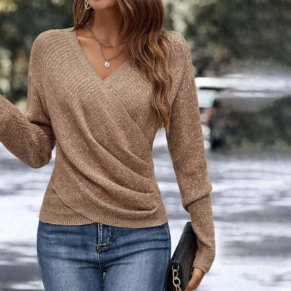 Caramel Vee-Neck Wrap Top by Lurolondon, featuring a fitted silhouette and soft fabric in a close-up shot.