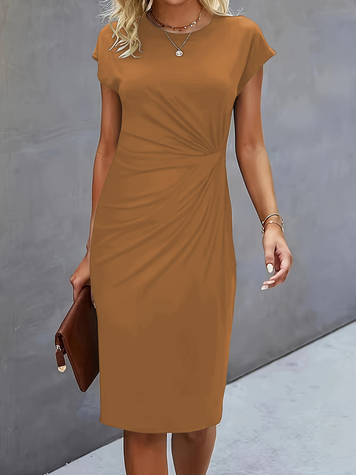 LuroLondon Nouk short sleeve formal dress in caramel, women’s elegant dress with a fitted silhouette and classic neckline.
