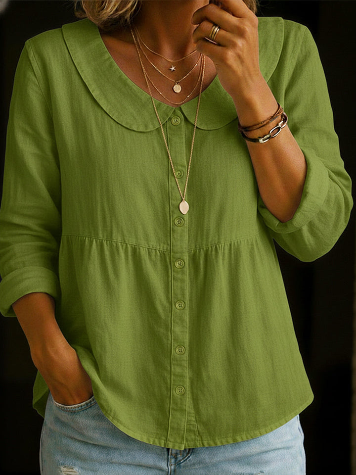 Veda Bremen Arlira linen blouse with Peter Pan collar, soft textured fabric, long sleeves, lightweight and stylish for casual wear