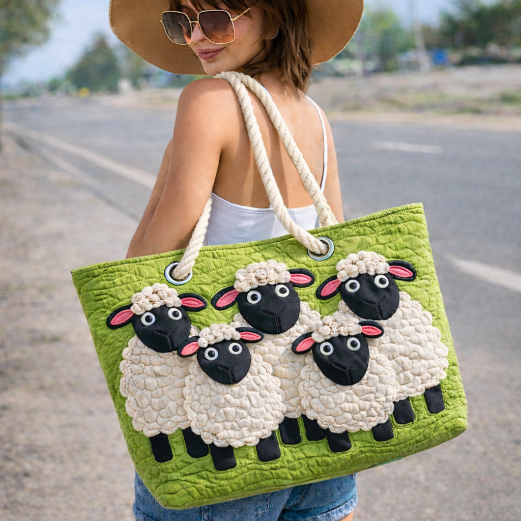 Veda Bremen Sheep Heaven quilted beach bag with woven strap, featuring a sheep pattern and spacious interior for seaside essentials.