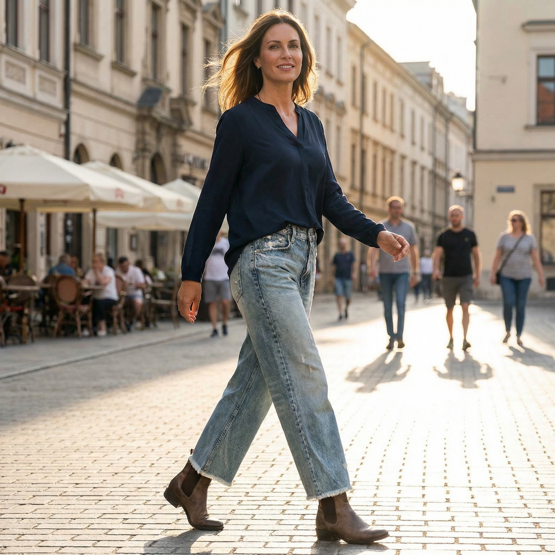 Veda Bremen Zelda short premium stretch jeans in dark wash, slim fit, with classic five-pocket design and belt loops.