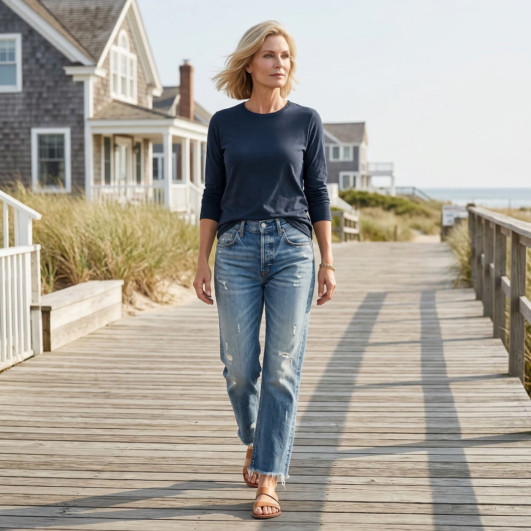 Veda Bremen Zelda premium stretch jeans, shortened fit, casual style, dark denim fabric, front and back view.