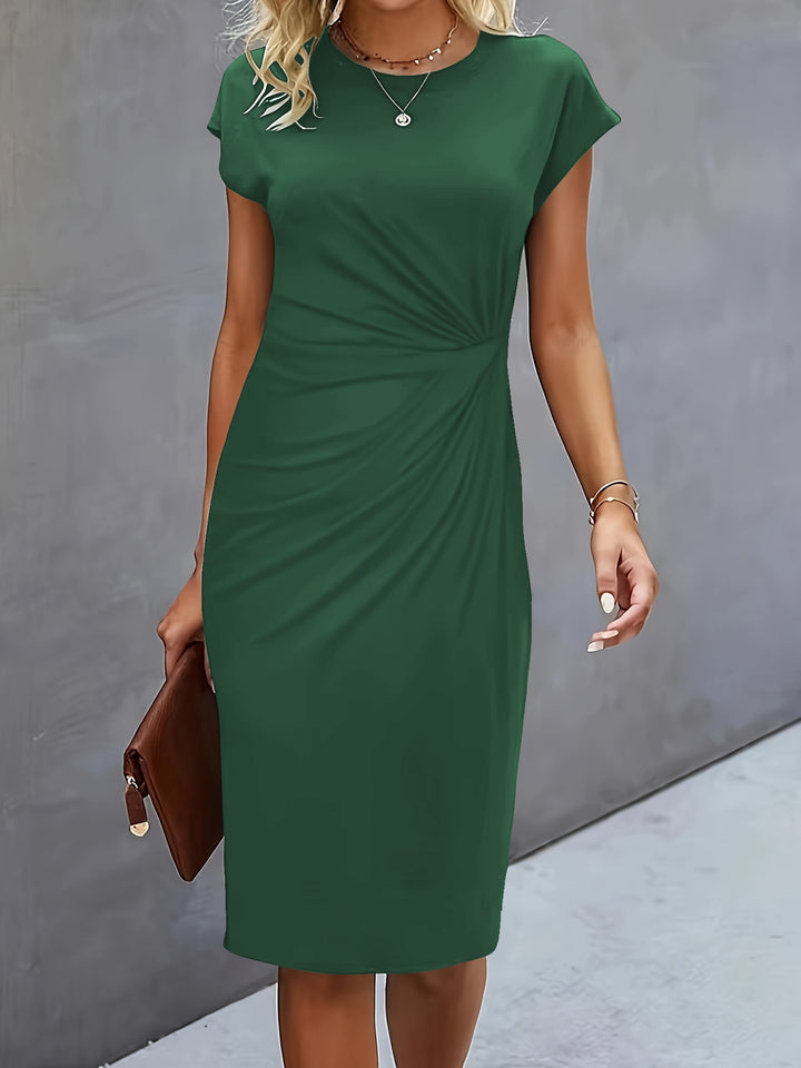 Dark green Nouk short sleeve formal dress by LuroLondon, lightweight fabric, fitted waist, and elegant design for women.