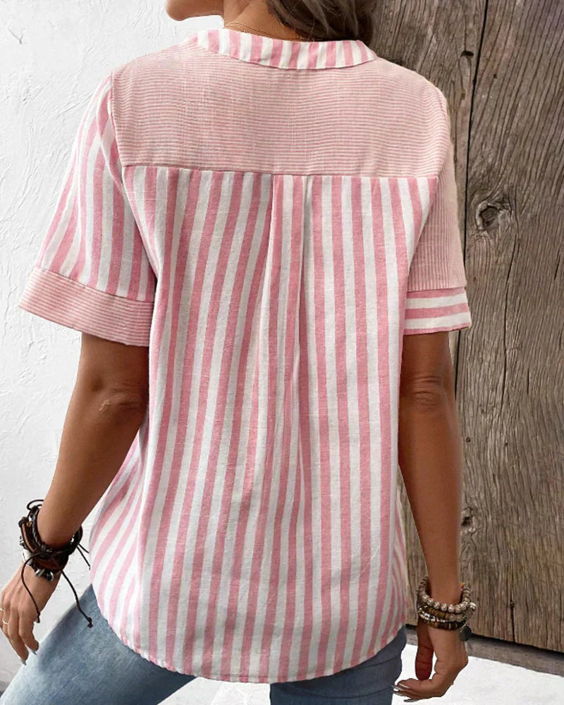 Veda Bremen Talia elegant striped blouse with long sleeves and classic collar, stylishly displayed on a hanger.