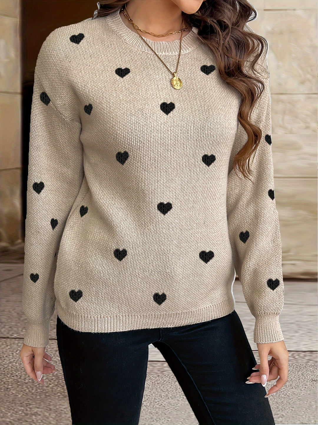 LuroLondon Heart Crew Neck Sweater in soft knit with a heart design, featuring a classic fit and ribbed cuffs.