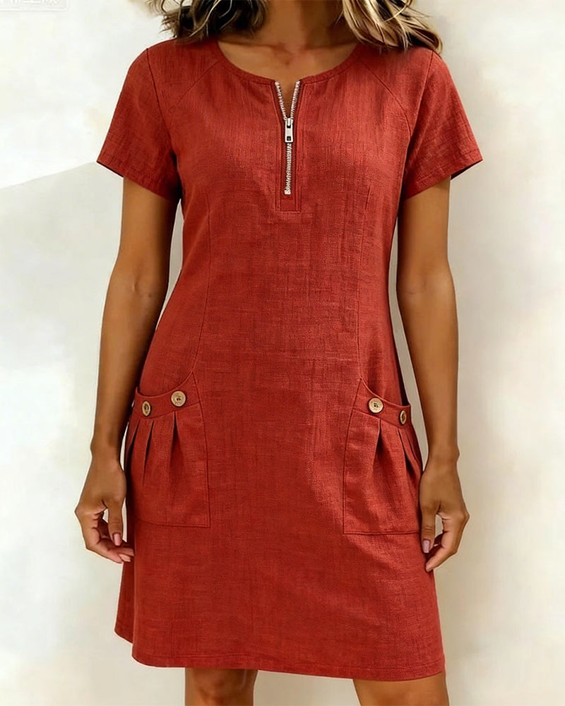 Veda Bremen Dariae linen blend A-line dress with short sleeves and V-neck, light and breezy for warm weather.