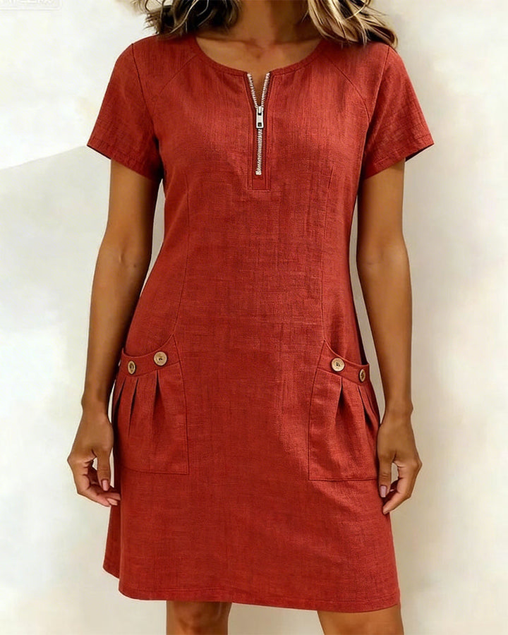 Veda Bremen Dariae linen blend A-line dress with short sleeves and V-neck, light and breezy for warm weather.
