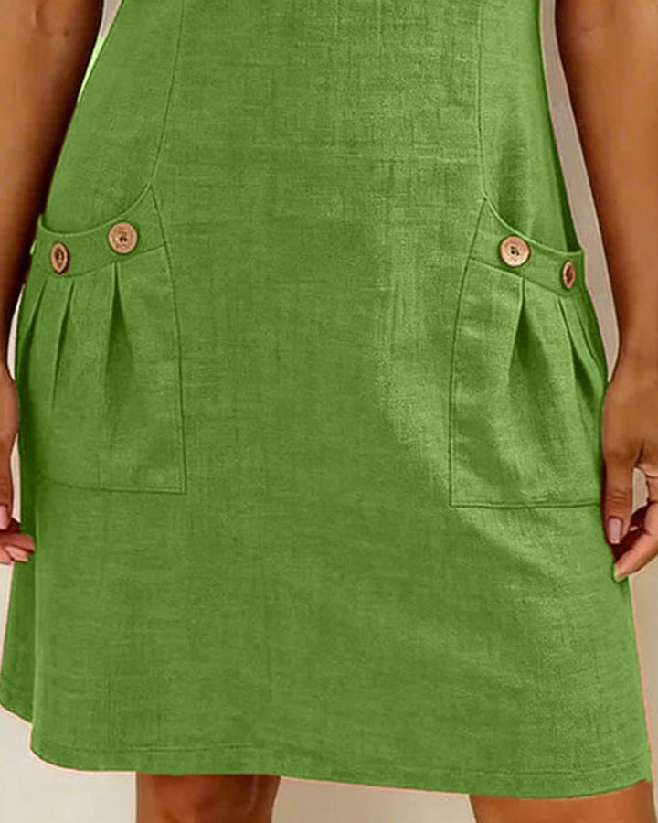Veda Bremen Dariae linen blend A-line dress with sleeveless design and soft, natural fabric, perfect for casual and summer wear.