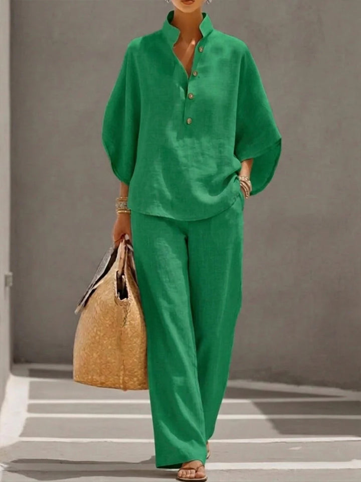 Veda Bremen Ellie casual cotton and linen set in green, featuring comfortable, lightweight fabric for relaxed everyday wear.