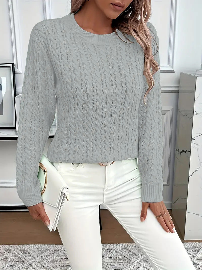 Grey Rosa knitted sweater by Lurolondon.co.uk, close-up of soft, cozy knit fabric and stylish round neckline.