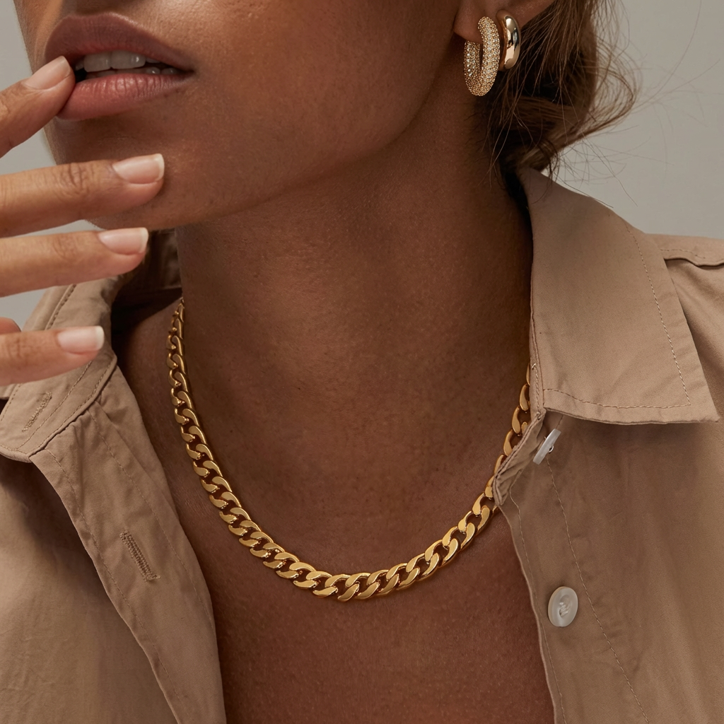 Klobige kubanische Gliederkette by Veda Bremen featuring chunky gold-tone Cuban link chain on a plain background.