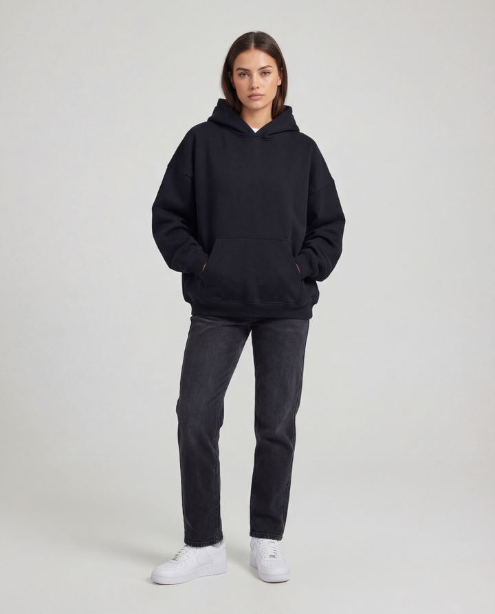 LuroLondon solid pullover hoodie in a cozy, casual style, shown in a neutral color with a front pocket and hood.