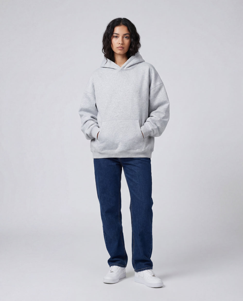LuroLondon solid pullover hoodie in a comfortable fit, shown in a neutral color with a hood and front pocket.