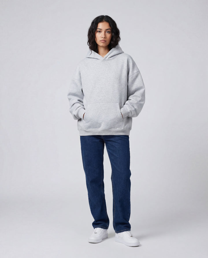 LuroLondon solid pullover hoodie in a comfortable fit, shown in a neutral color with a hood and front pocket.
