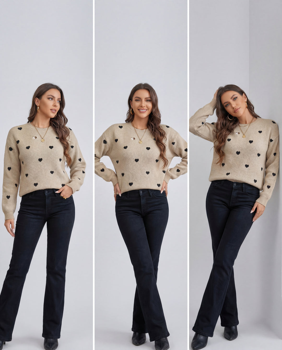 LuroLondon Heart Crew Neck Sweater in soft knit with heart design, featuring a classic fit and ribbed cuffs.