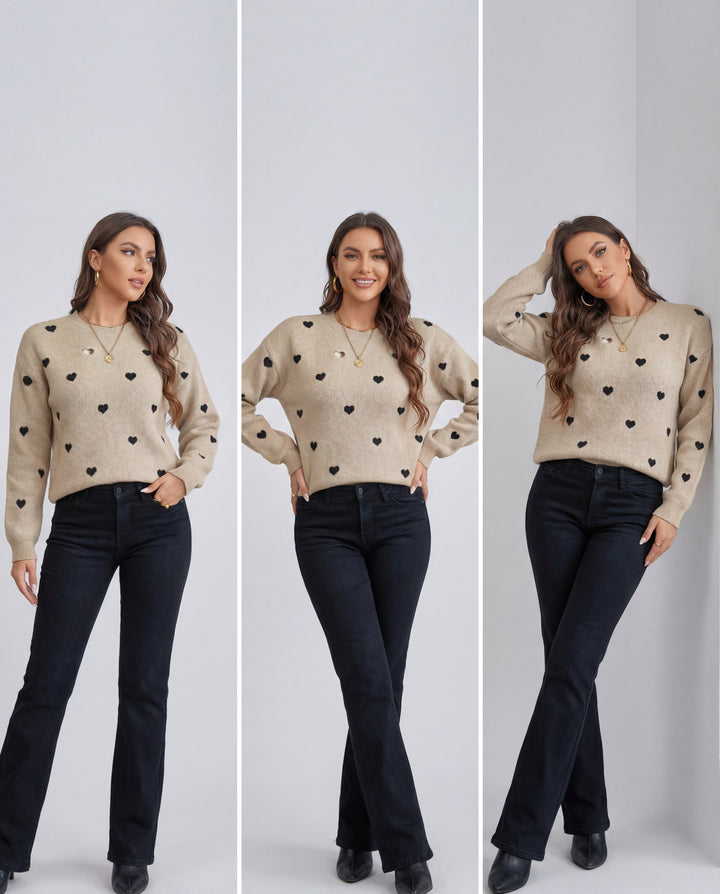 LuroLondon Heart Crew Neck Sweater in soft knit with heart design, featuring a classic fit and ribbed cuffs.