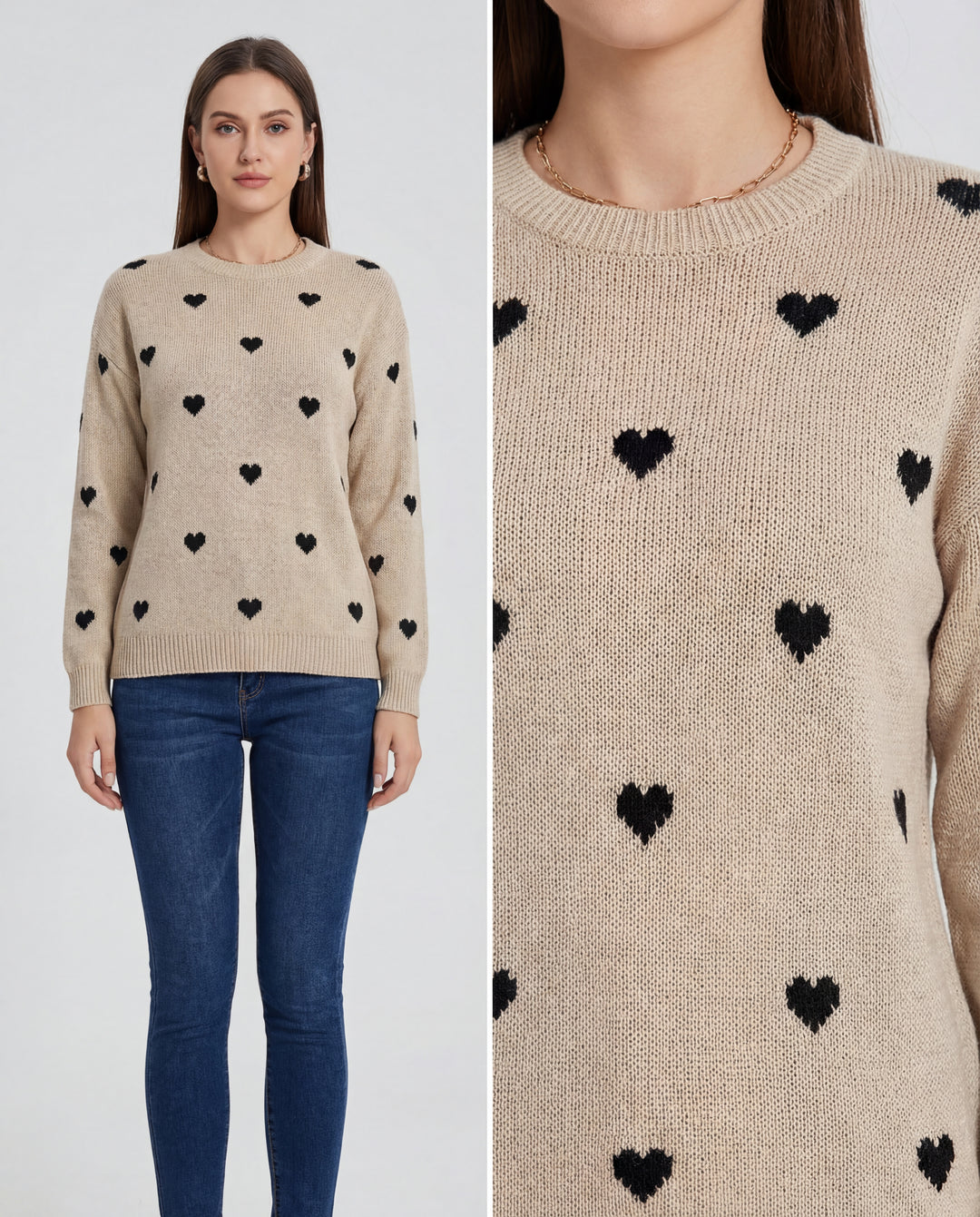 LuroLondon Heart Crew Neck Sweater in soft knit, featuring a subtle heart pattern on a beige background.
