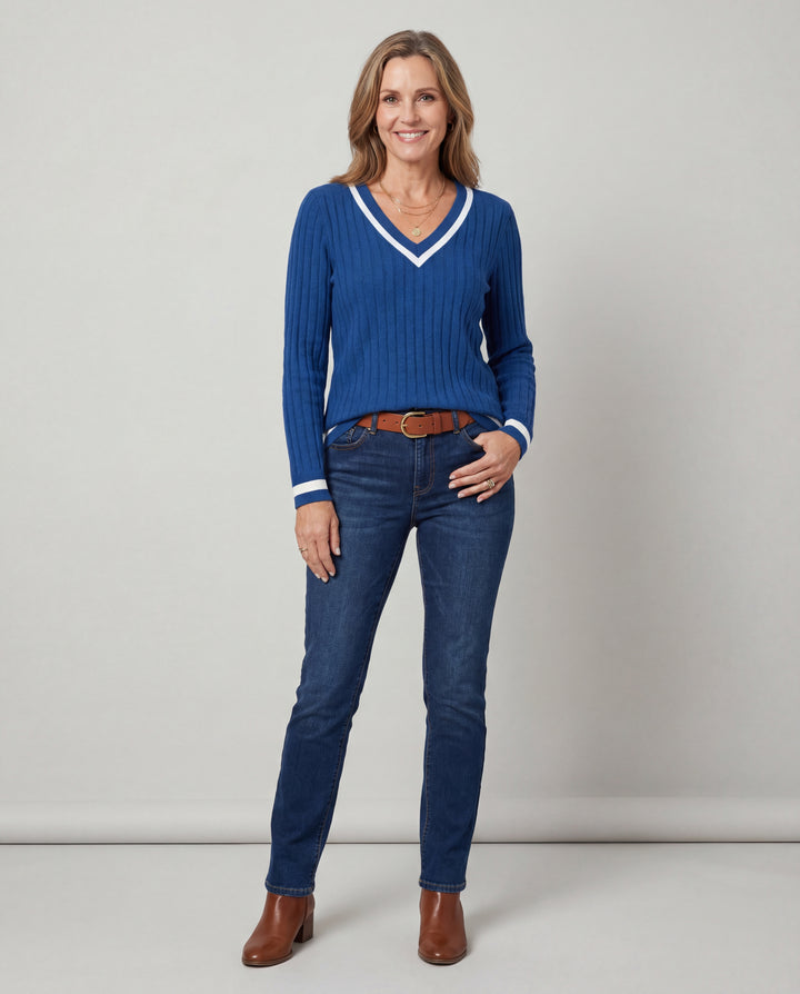 LuroLondon V-neck ribbed sweater in soft knit fabric, showcasing a close-up of the textured V-neck design and ribbed pattern.