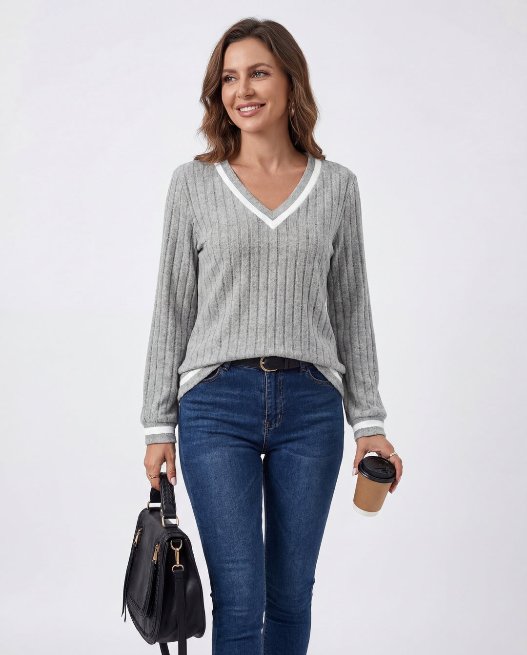 LuroLondon V-Neck ribbed sweater in soft knit fabric, featuring a fitted silhouette and classic V-neck design.
