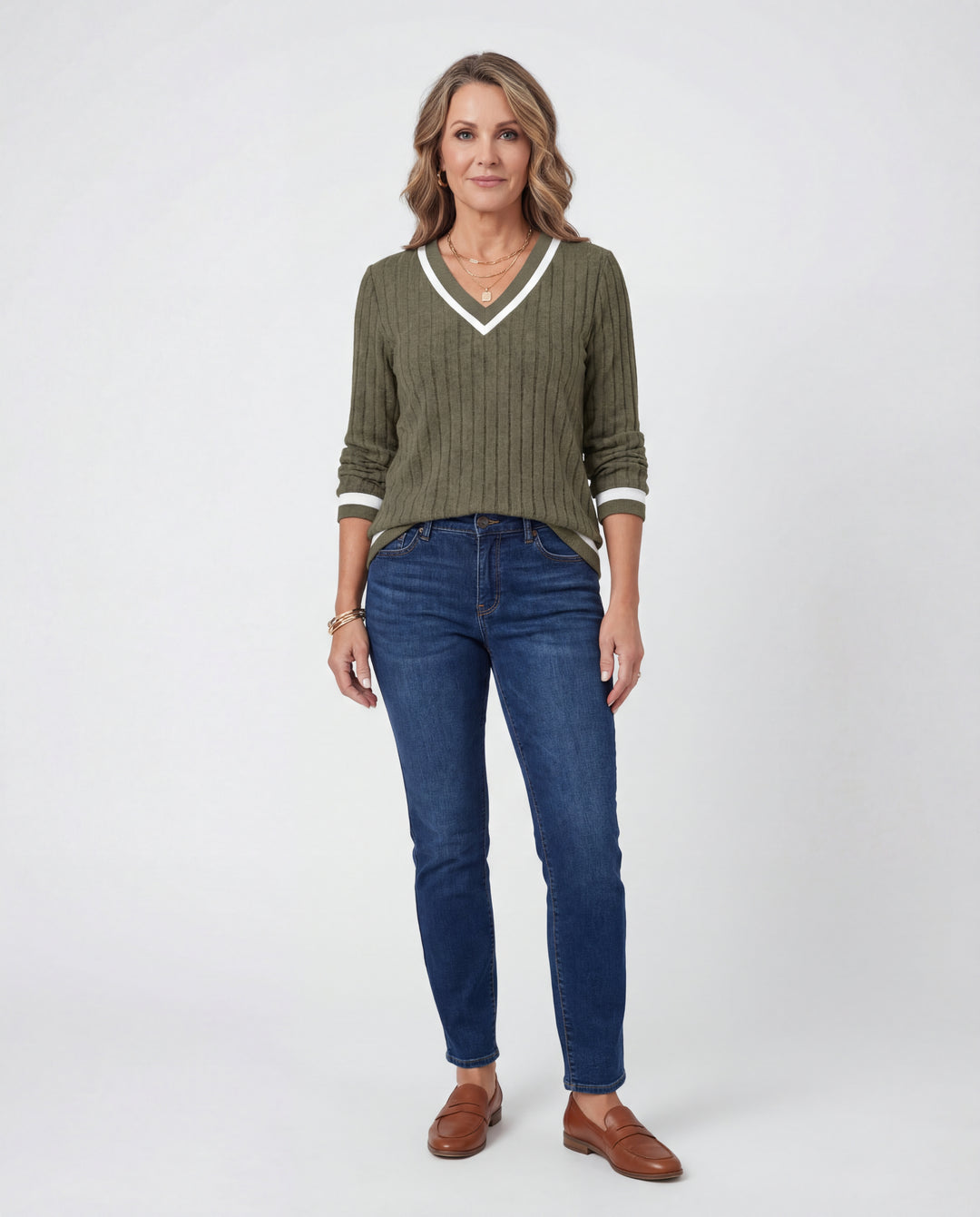 LuroLondon V-neck ribbed sweater in neutral beige, featuring a fitted V-neck design and textured knit fabric.