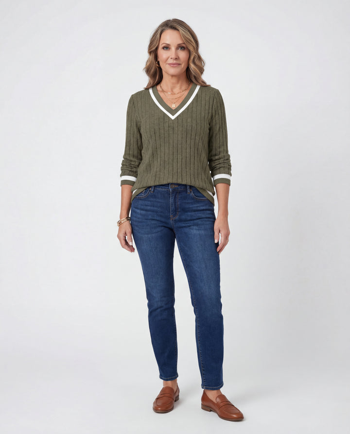 LuroLondon V-neck ribbed sweater in neutral beige, featuring a fitted V-neck design and textured knit fabric.