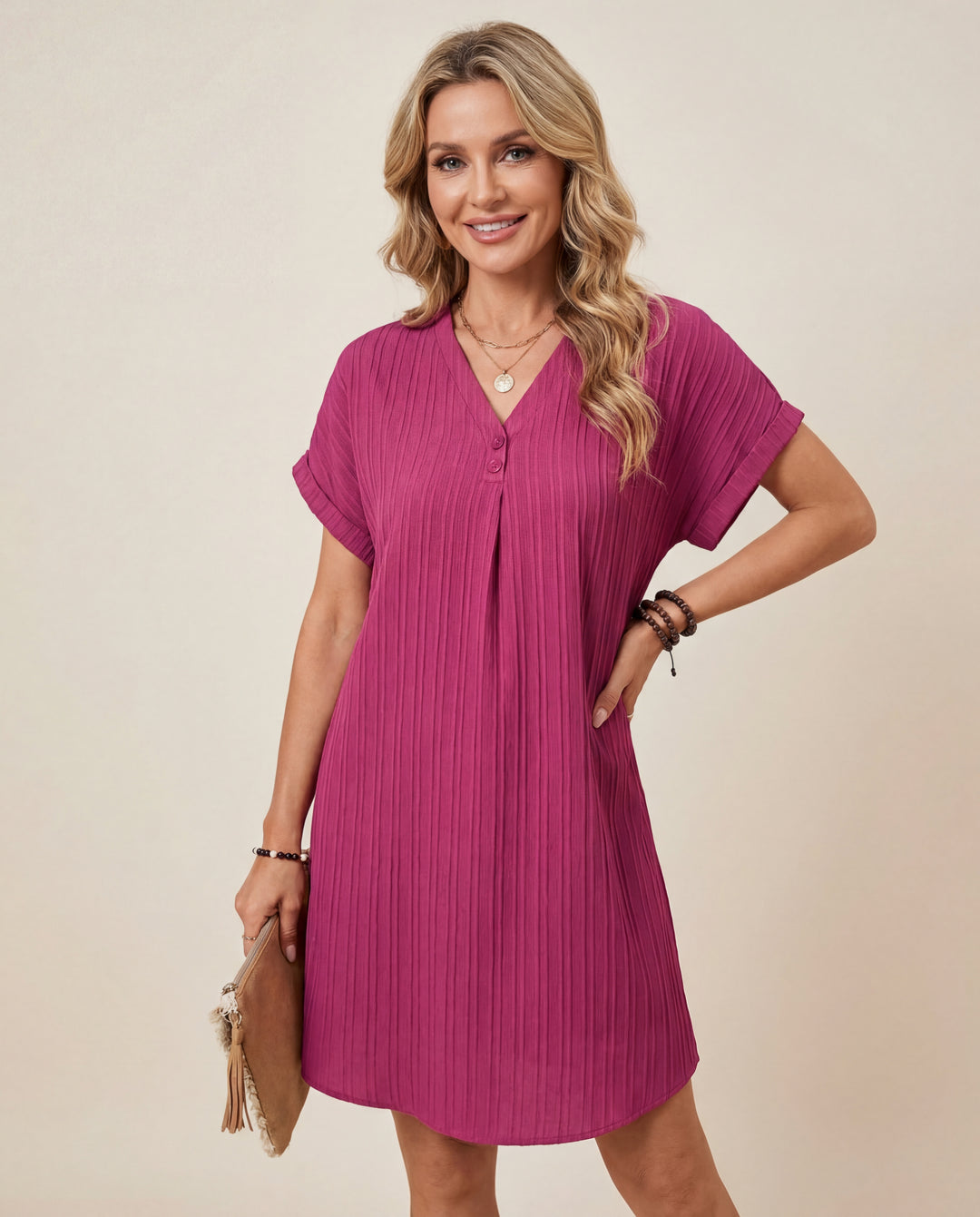 LuroLondon V-neck short sleeve dress displayed on a hanger, featuring a simple, elegant design with a fitted silhouette.