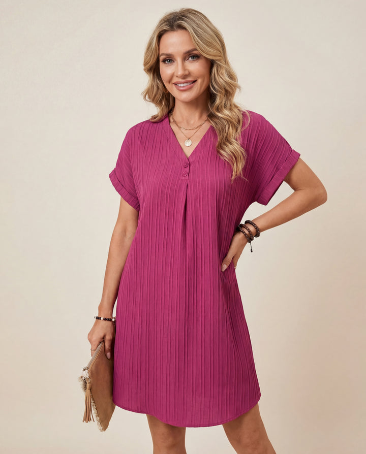 LuroLondon V-neck short sleeve dress displayed on a hanger, featuring a simple, elegant design with a fitted silhouette.