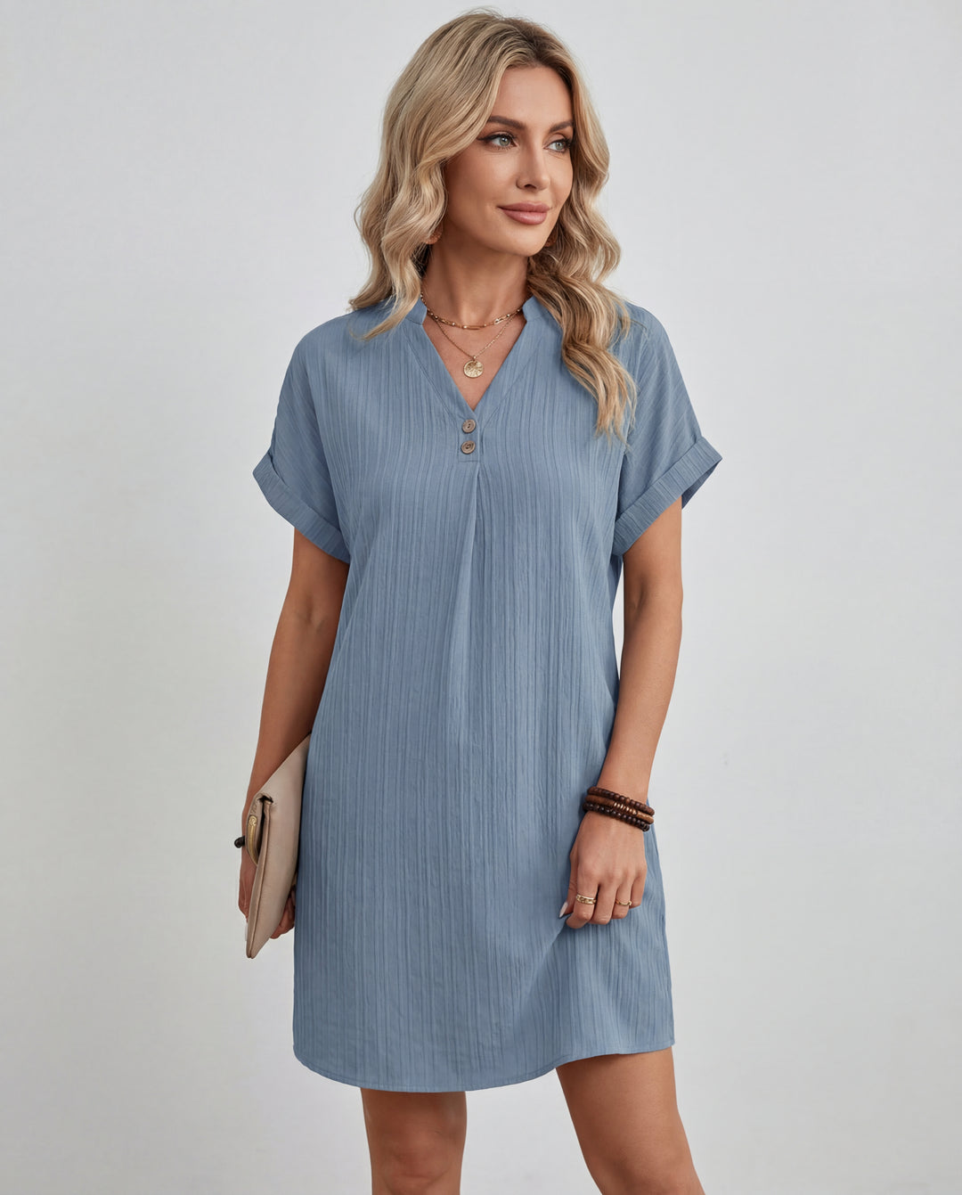 LuroLondon V-neck short sleeve dress in soft fabric with a fitted waist and knee-length hem, stylish and comfortable for casual wear.
