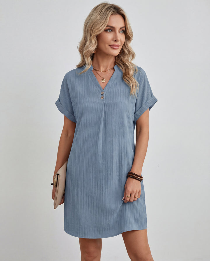 LuroLondon V-neck short sleeve dress in soft fabric with a fitted waist and knee-length hem, stylish and comfortable for casual wear.