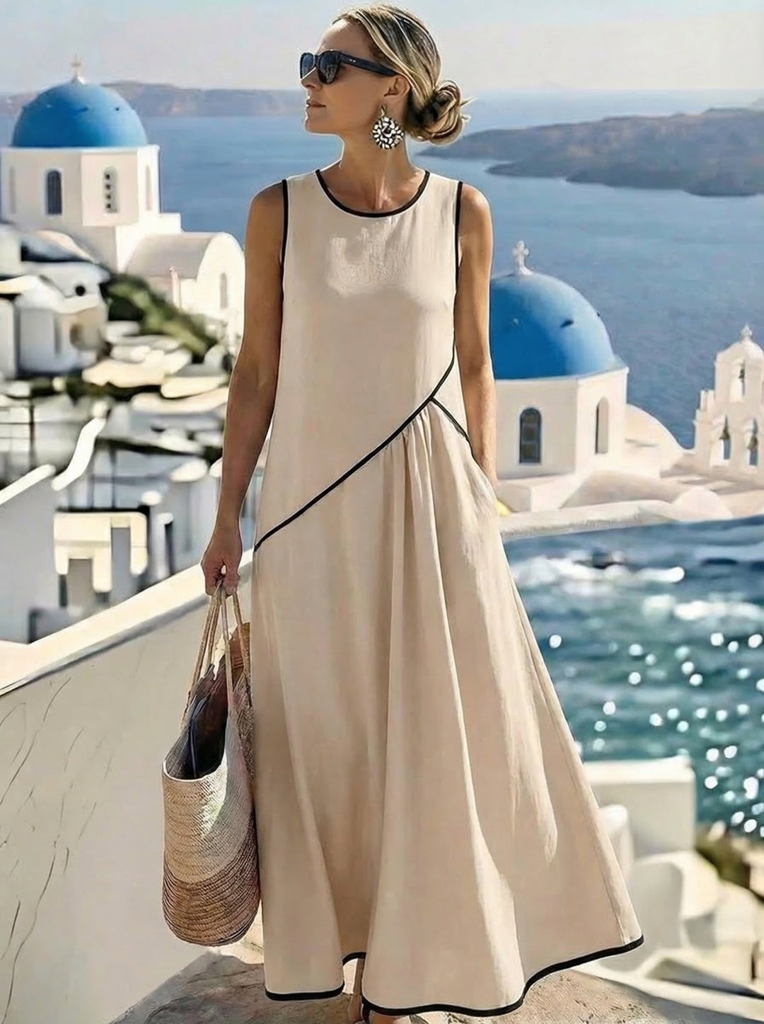 Veda Bremen Lotte™ summer dress with vertical red and white stripes, sleeveless design, and lightweight fabric for warm weather.