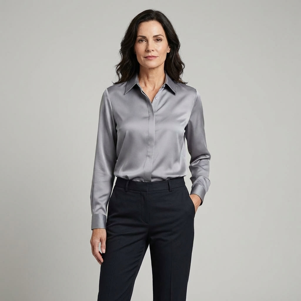 Veda Bremen Melly elegant shirt in soft fabric, featuring a classic collar and button-down design, displayed on a hanger.