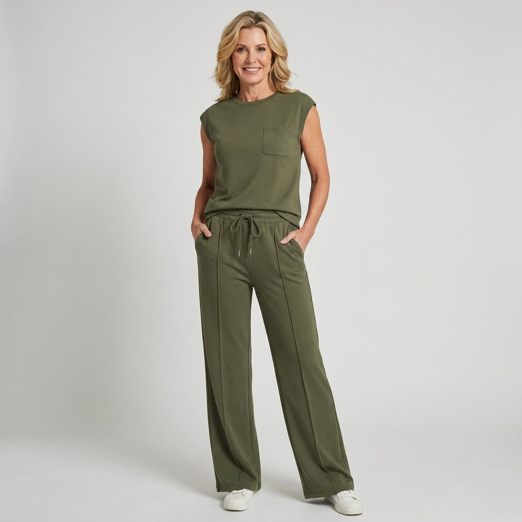 Veda Bremen Kayla casual lounge co-ord set featuring a relaxed fit, soft fabric, and coordinated top and pants for comfortable style.