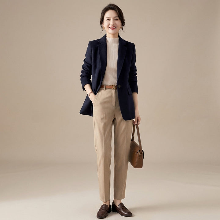 Veda Bremen Button Patch Blazer in navy with decorative patches and structured fit, displayed on a hanger.