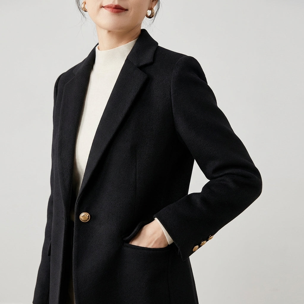 Veda Bremen Der Button Patch Blazer showing tailored blazer with decorative button patches and structured fit.