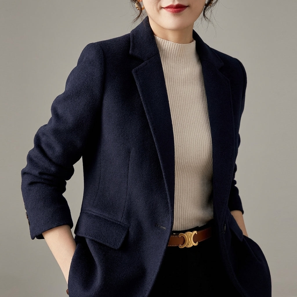Veda Bremen Button Patch Blazer featuring decorative buttons and classic tailored fit, shown on a hanger.